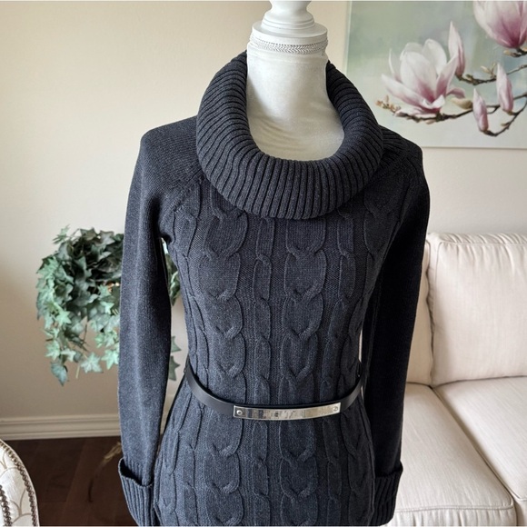 Calvin Klein Charcoal Grey Cowl Neck Belted Cable Knit Sweater Dress - Picture 2 of 16